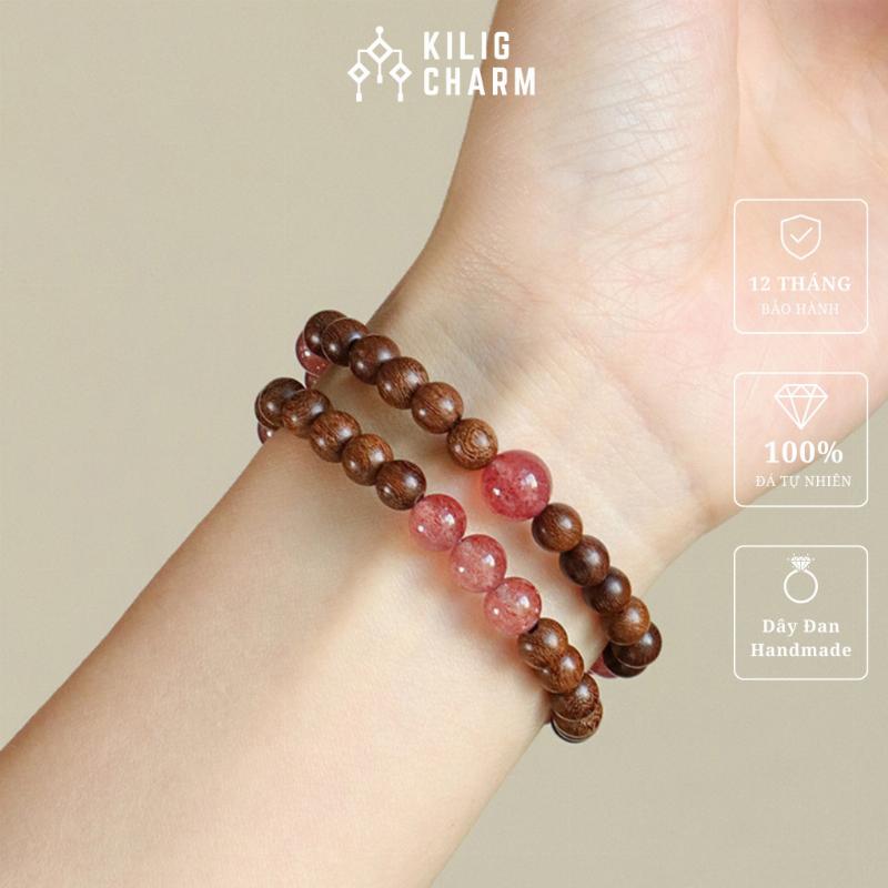 Vòng trầm hương mix đá thạch anh hồng tinh duyên